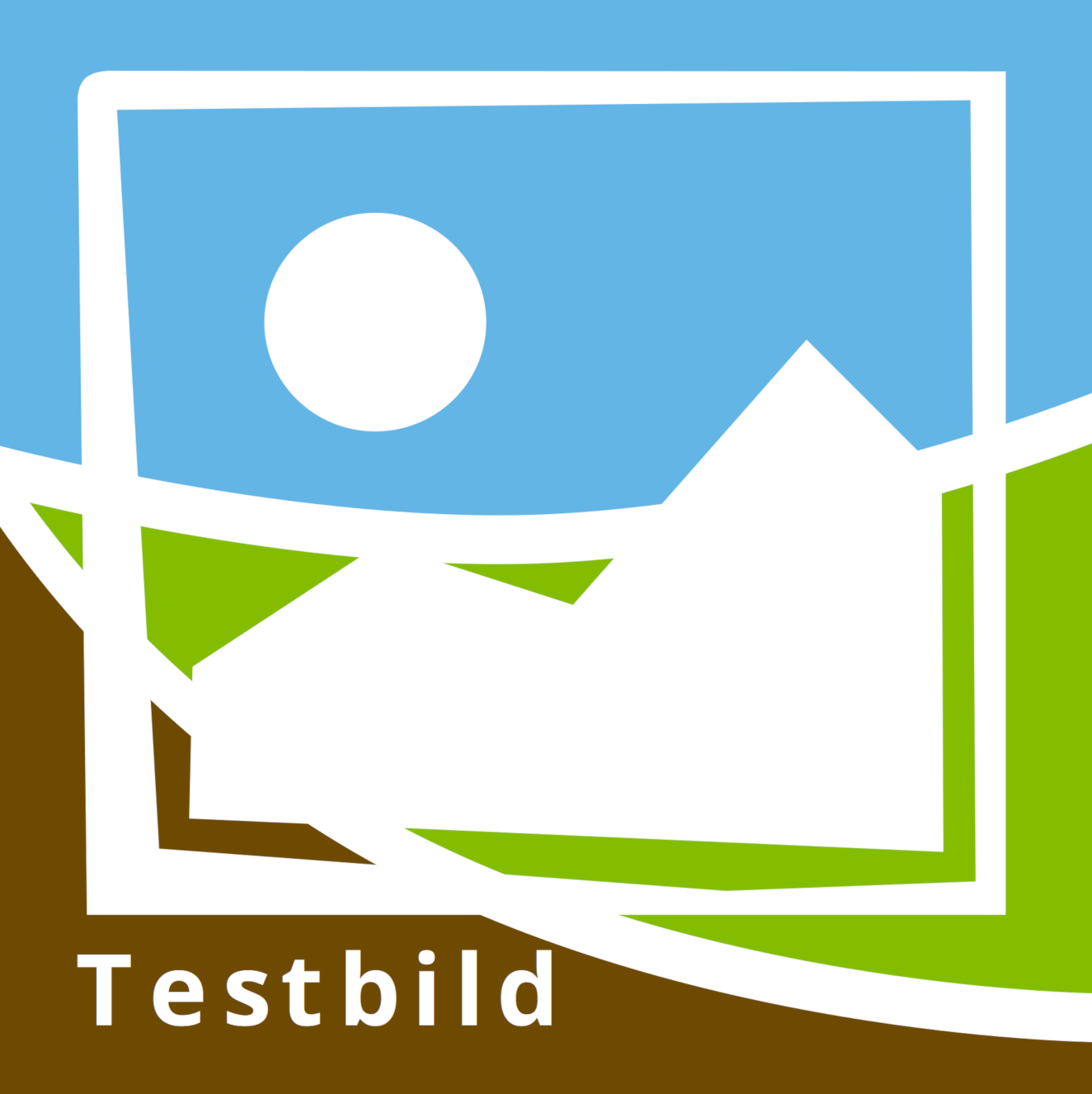 Kvadratisk testbild i blått, grönt och brunt med en ikon av en bildsymbol. Symbolen visar ett berg med en sol. Bilden innehåller texten "Testbild".