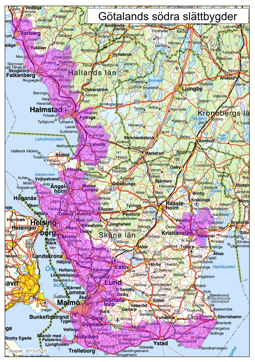 Kartbild som visar Hallands län, Skåne län och västra delarna av Kronobergs län. Götalands södra slättbygder markerade med rosa färg. Det gäller kuststräckan från norr om Varberg ner till Båstad, från Förslöv till Simrishamn, samt ett område runt Kristianstad.